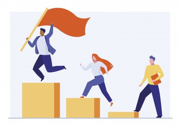 vector-style illustration of three people climbing yellow blocks